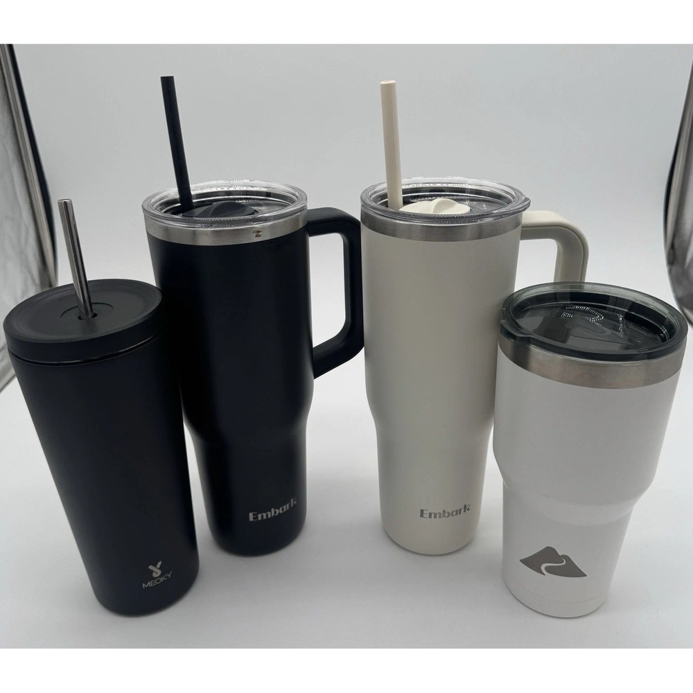 Lot Of 4 Insulated Tumblers Meoky Embark Ozark Trail Black White Handles
